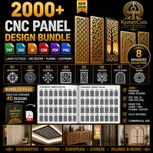 May include: A digital product bundle titled 2000+ CNC PANEL DESIGN BUNDLE by KemetCuts, featuring laser cut files in DXF, SVG, AI, CDR, PDF, and PNG formats. The image displays eight organized collections, a catalog of decorative designs, and examples of panels applied to furniture, ceilings, and doors.