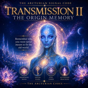May include: A digital illustration featuring a blue-skinned humanoid figure with glowing patterns, set against a cosmic background with crystalline structures. Text reads: THE ARCTURIAN SIGNAL CODE TRANSMISSION II THE ORIGIN MEMORY, and AWAKENING SIGNS, ORIGIN CLUES, SYNC CODES, ACTIVATION PRACTICES.