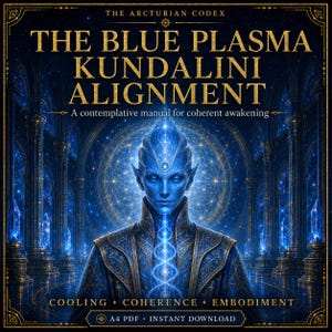 May include: A digital art image features a blue-skinned humanoid with pointed ears, adorned in ornate gold and blue attire. The text reads "THE BLUE PLASMA KUNDALINI ALIGNMENT" with additional text: "A contemplative manual for coherent awakening". The image has a celestial theme.