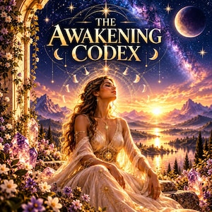 May include: A digital illustration titled THE AWAKENING CODEX featuring a person in a flowing cream-coloured gown adorned with gold celestial patterns, sitting amidst purple crystals and white flowers under a starry sky with a moon and mountains.