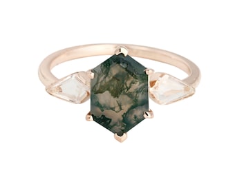 Moss Agate Hexagon Ring, Minimalist Gemstone, Boho Engagement Jewelry
