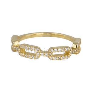 May include: A gold ring featuring a chain-link design where each rectangular link is encrusted with small, clear, sparkling stones. The band is constructed from polished yellow gold, creating a continuous, repeating pattern of metallic links.