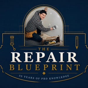 May include: A dark blue graphic with the text "THE REPAIR BLUEPRINT" in white and gold. A man in a plaid shirt is shown inside an archway, applying plaster to a wall. A toolbox is in front of him. The text "25 YEARS OF PRO KNOWLEDGE" is below.