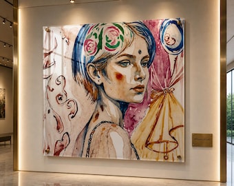 Könnte beinhalten: Ein großes, gerahmtes Aquarellgemälde einer Frau mit blauen Haaren und einem floralen Kopfschmuck. Das Kunstwerk zeigt eine weiche Farbpalette aus Rosa, Blau und Gelb. Das Gemälde wird in einer modernen Kunstgalerie ausgestellt.