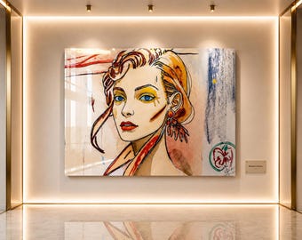 Könnte beinhalten: Ein großes, gerahmtes Kunstwerk mit einem stilisierten Porträt einer Frau mit blauen Augen, roten Lippen und orangefarbenem Haar. Das Gemälde hat einen Mischstil mit Aquarell- und Bleistiftelementen. Das Kunstwerk wird an einer neutralen Wand mit warmer Beleuchtung ausgestellt.