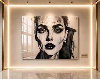 Könnte beinhalten: Ein Schwarz-Weiß-Porträt einer Frau mit dunklem Lippenstift und Creolen, das an einer Wand ausgestellt ist. Das Kunstwerk befindet sich hinter einer transparenten Glasscheibe. Der Text "Whispers of Lines" befindet sich auf einer kleinen Plakette.