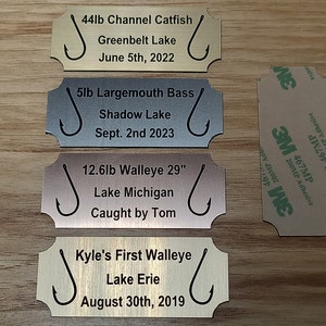Custom Engraved 1.25x3-inch Brushed Gold, Silver, Copper or Bronze Color Finish Fish Mount Fishing Plaque Plate Walleye Bass Catfish Trout
