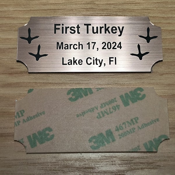 Custom Engraved 1.25x3-inch Brushed Copper Gold Silver or Bronze Finish Turkey Plaque with Footprints | Name Plate Beard Mount Plate Sign
