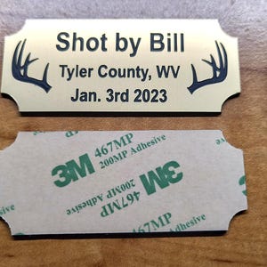 Custom Engraved Buck Plaque with Antlers | Gold 1.25x3 Name Plate 1st Buck Deer Antler Hunting Shot By Killed By Sign Placard Brass
