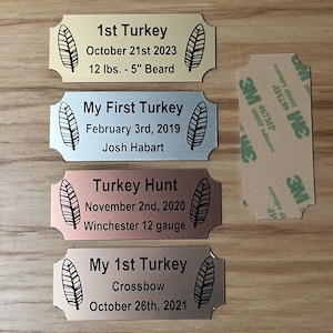 Custom Engraved 1.25"x3" Turkey Plaque with Feathers | Gold Silver Rose Gold or Copper Name Plate 1st Turkey Beard Mount Plate Sign Hunt