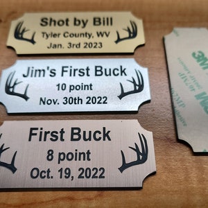 Custom Engraved 1.25x3-inch Brushed Gold Silver or Copper 1st Buck Doe 2nd Trophy Plaque Plate Sign with Antlers Deer Hunter Hunting Placard