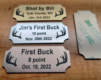 Custom Engraved 1.25x3-inch Brushed Gold Silver or Copper 1st Buck Trophy Plaque Plate Sign with Antlers Deer Hunter Hunting Placard
