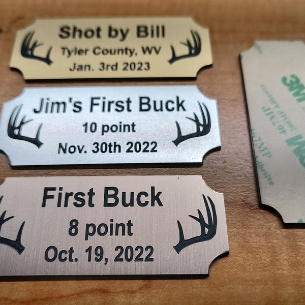 Custom Engraved 1.25x3-inch Brushed Gold Silver or Copper 1st Buck Trophy Plaque Plate Sign with Antlers Deer Hunter Hunting Placard