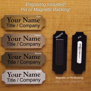 Custom Engraved 1x3 Employee ID Name Tag \ Badge with Pin or Magnetic Closure \ Customized Personalized \ Brushed Gold Copper Silver Bronze