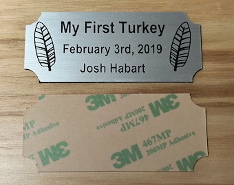 Custom Engraved 1.25x3-inch Brushed Silver Turkey Plaque with Feathers | Name Plate 1st Turkey Beard Mount Plate Sign Tag Hunting Hunt