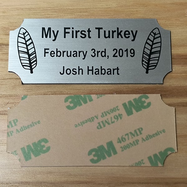 Custom Engraved 1.25x3-inch Brushed Silver Turkey Plaque with Feathers | Name Plate 1st Turkey Beard Mount Plate Sign Tag Hunting Hunt