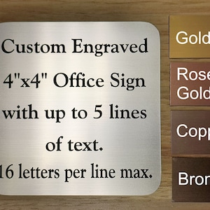 Custom Engraved 4x4 inch Square Brushed Silver, Gold, Copper or Bronze Office Sign w/ Adhesive Strips | Plaque Business Signs 4&quot;x4&quot;