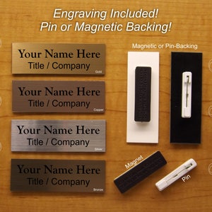 Custom Engraved 1x3 Employee ID Name Tag / Badge with Pin or Magnetic Closure / Customized Personalized Brushed Gold Copper Silver Bronze