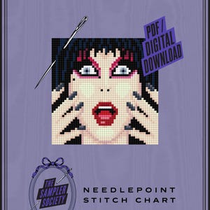 May include: A cross-stitch pattern featuring a pixelated face with dark hair, wide eyes, and red lips, with hands near the face. Includes a silver needle, a purple banner reading PDF/DIGITAL DOWNLOAD, and a logo for The Sampler Society Needlepoint Stitch Chart.