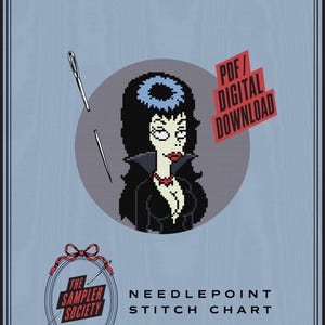 May include: A digital cross-stitch pattern featuring a pixelated illustration of a woman with long black hair, a blue halo, and a black dress. The image includes a sewing needle, the text PDF/DIGITAL DOWNLOAD, and THE SAMPLER SOCIETY NEEDLEPOINT STITCH CHART.