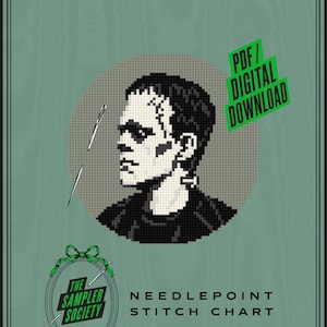 Puede incluir: Un gráfico de punto de aguja con un perfil pixelado del monstruo de Frankenstein en negro, blanco y gris. El diseño incluye una aguja de coser y el texto PDF/DIGITAL DOWNLOAD y THE SAMPLER SOCIETY NEEDLEPOINT STITCH CHART.