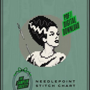 May include: A digital cross-stitch pattern featuring a pixelated portrait of a woman with a prominent white streak in her black hair. The image includes two sewing needles, the text PDF/DIGITAL DOWNLOAD, and The Sampler Society logo.