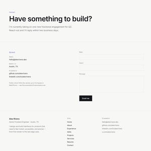 May include: A professional contact webpage for Alex Rivera featuring a navigation menu, a contact form with fields for name, email, and message, and a footer containing professional details, site links, and social media handles on a white background.