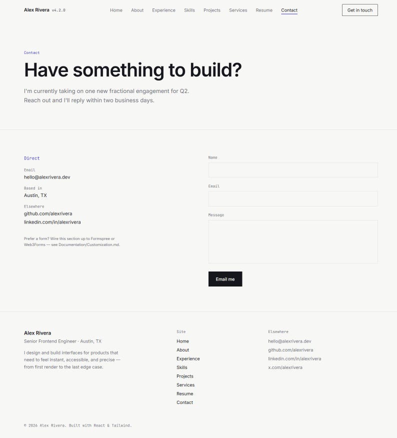 May include: A professional contact webpage for Alex Rivera featuring a navigation menu, a contact form with fields for name, email, and message, and a footer containing professional details, site links, and social media handles on a white background.