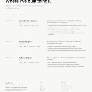 May include: A professional portfolio webpage for Alex Rivera, featuring a navigation menu, a section titled Where I've built things, and a detailed work history listing roles as Senior Frontend Engineer, Frontend Engineer, and Software Engineer.