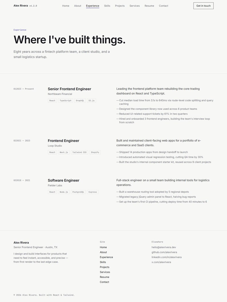 May include: A professional portfolio webpage for Alex Rivera, featuring a navigation menu, a section titled Where I've built things, and a detailed work history listing roles as Senior Frontend Engineer, Frontend Engineer, and Software Engineer.