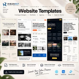 May include: A digital product display featuring five distinct website templates by RIBANEST. The layout includes text headers, project showcases, and technical skill lists. Icons for React, TypeScript, and Tailwind CSS are visible at the bottom.