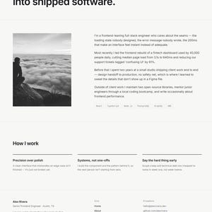 May include: A professional portfolio website layout for Alex Rivera featuring a navigation bar, a headline about software engineering, a black and white photograph of a person overlooking clouds, professional biography text, and a footer with contact links.
