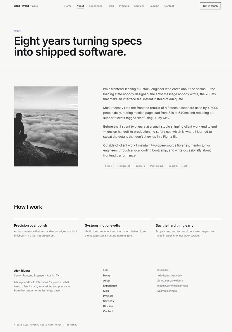 May include: A professional portfolio website layout for Alex Rivera featuring a navigation bar, a headline about software engineering, a black and white photograph of a person overlooking clouds, professional biography text, and a footer with contact links.