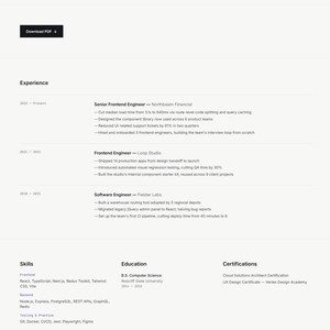 May include: A digital resume for Alex Rivera, a senior frontend engineer. The document includes professional experience at Northbeam Financial, Loop Studio, and Fielder Labs, along with sections for skills, education, certifications, and contact information.
