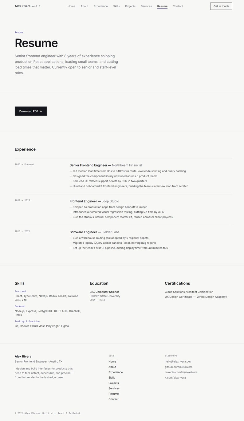 May include: A digital resume for Alex Rivera, a senior frontend engineer. The document includes professional experience at Northbeam Financial, Loop Studio, and Fielder Labs, along with sections for skills, education, certifications, and contact information.