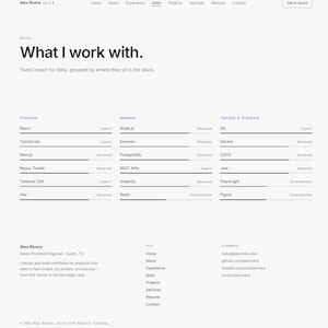May include: A professional portfolio website interface for Alex Rivera, featuring a navigation menu, a skills section titled What I work with, and a list of technical proficiencies categorized into Frontend, Backend, and Tooling & Practice.