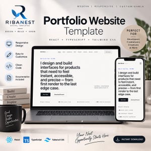 May include: A digital portfolio website template by Ribanest featuring a laptop and smartphone displaying a clean interface with the text: I design and build interfaces for products that need to feel instant, accessible, and precise.