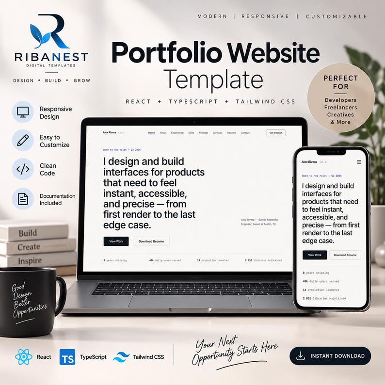 May include: A digital portfolio website template by Ribanest featuring a laptop and smartphone displaying a clean interface with the text: I design and build interfaces for products that need to feel instant, accessible, and precise.