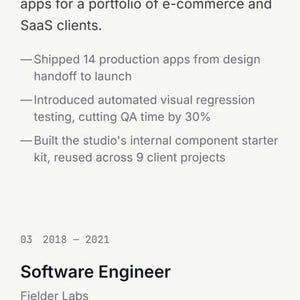May include: A digital professional portfolio webpage for Alex Rivera, Senior Frontend Engineer. The layout displays professional experience, including roles at Northbeam Financial, Loop Studio, and Fielder Labs, with technical skills and contact links.