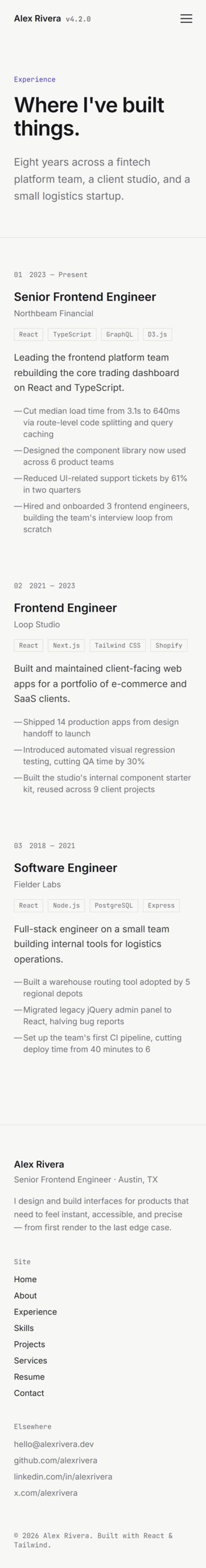 May include: A digital professional portfolio webpage for Alex Rivera, Senior Frontend Engineer. The layout displays professional experience, including roles at Northbeam Financial, Loop Studio, and Fielder Labs, with technical skills and contact links.