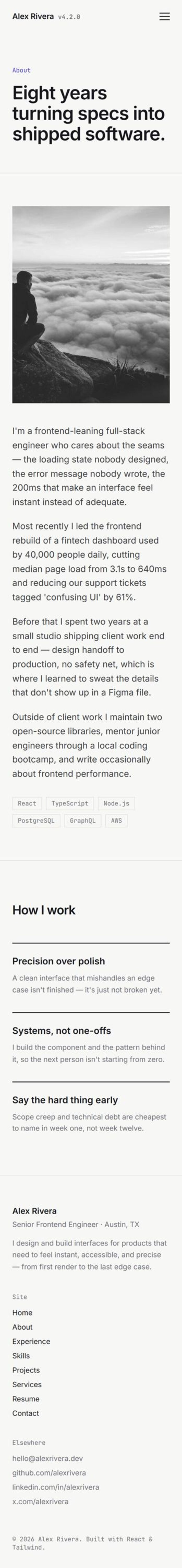 May include: A digital portfolio webpage for Alex Rivera featuring a black and white photograph of a person overlooking a sea of clouds, text detailing professional experience as a full-stack engineer, and a list of technical skills including React.
