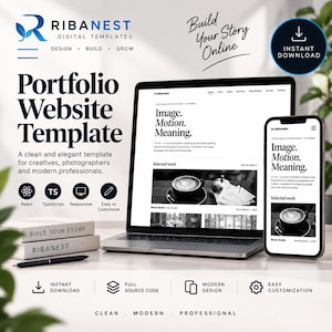 May include: A digital portfolio website template by RIBANEST featuring a laptop and smartphone displaying a clean, professional layout with the text Image, Motion, Meaning. Includes icons for React, TypeScript, responsive design, and customization.