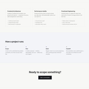 May include: A professional portfolio website for Alex Rivera, a senior frontend engineer. The page features sections titled How I can help, How a project runs, and Ready to scope something, with navigation links and contact information.