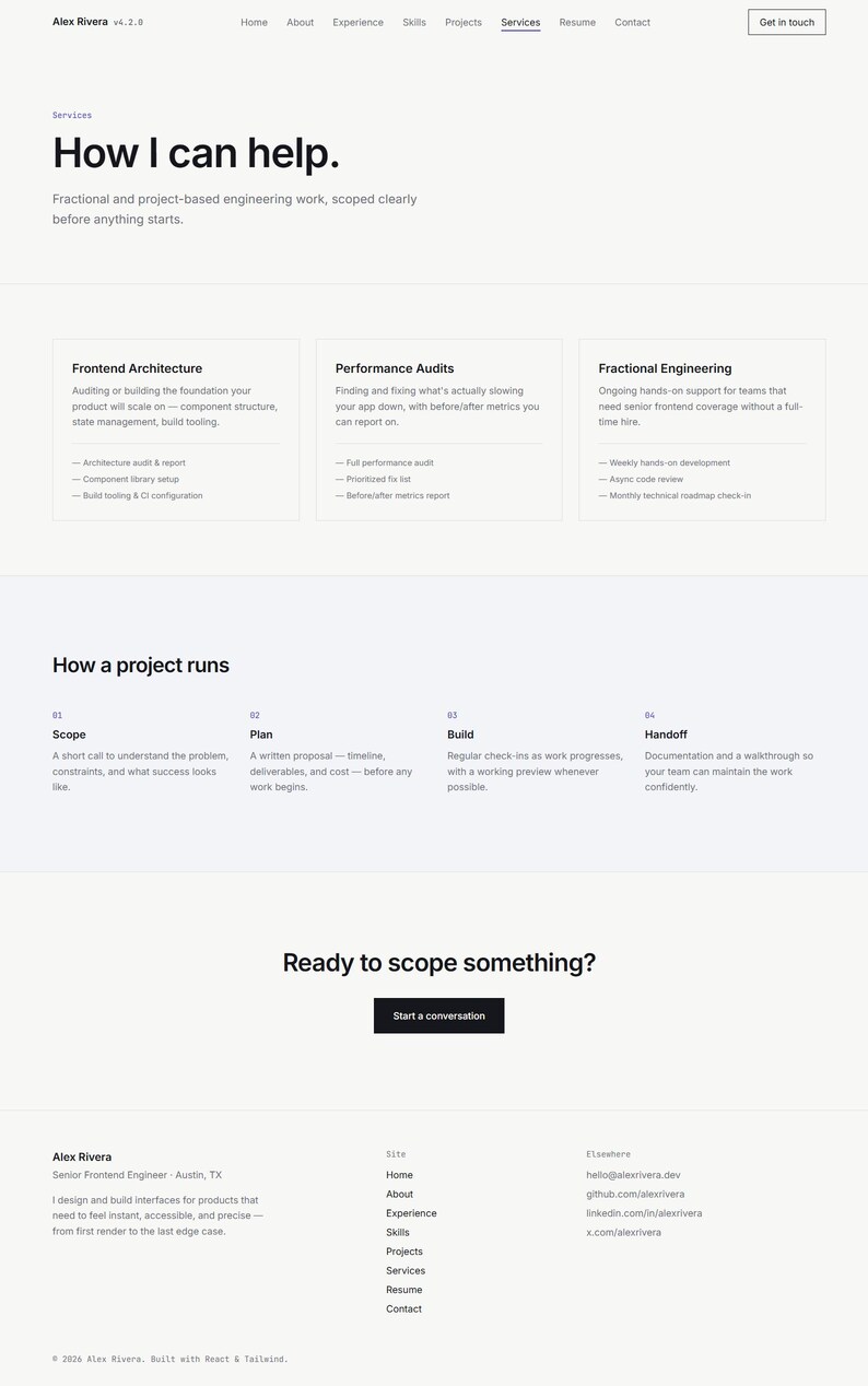May include: A professional portfolio website for Alex Rivera, a senior frontend engineer. The page features sections titled How I can help, How a project runs, and Ready to scope something, with navigation links and contact information.