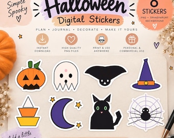 Halloween Stickers (Digital) | Pumpkin, Ghost, Bat, Witch, Cat, Moon (PNG Pack)