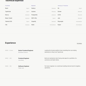 May include: A professional portfolio website layout for Alex Rivera, a senior frontend engineer. The page features a hero section with text about building interfaces, followed by project showcases, technical expertise tables, experience history, and testimonials.
