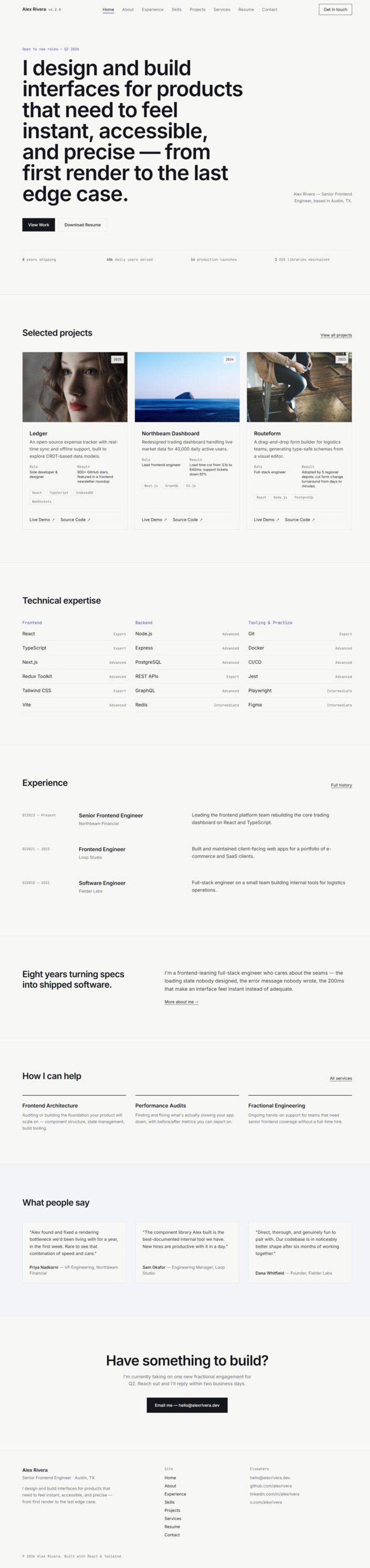 May include: A professional portfolio website layout for Alex Rivera, a senior frontend engineer. The page features a hero section with text about building interfaces, followed by project showcases, technical expertise tables, experience history, and testimonials.