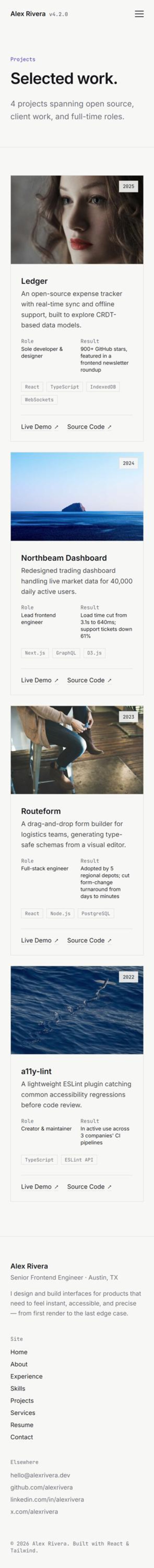 May include: A digital portfolio website for Alex Rivera featuring a header with the text Selected work, followed by four project cards titled Ledger, Northbeam Dashboard, Routeform, and a11y-lint, each displaying project details, roles, and results.