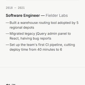 May include: A digital resume for Alex Rivera, a senior frontend engineer. The document lists professional experience at Northbeam Financial, Loop Studio, and Fielder Labs, along with technical skills in React, TypeScript, Node.js, and Docker.