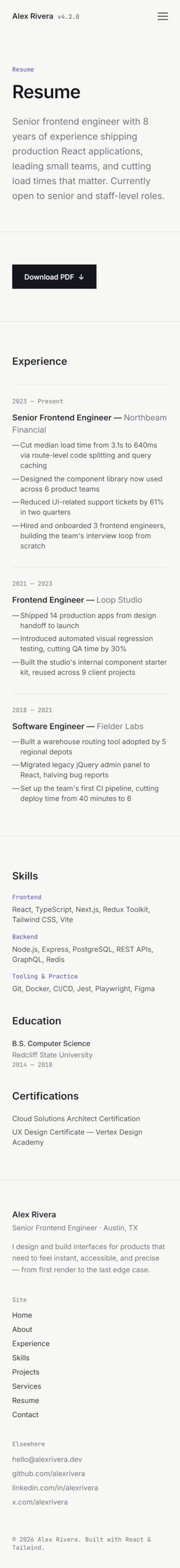 May include: A digital resume for Alex Rivera, a senior frontend engineer. The document lists professional experience at Northbeam Financial, Loop Studio, and Fielder Labs, along with technical skills in React, TypeScript, Node.js, and Docker.